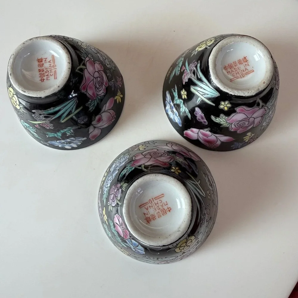 Jingdezhen Famille Noire Tea Cups - Set of 3 Hand-Painted Black Porcelain Floral